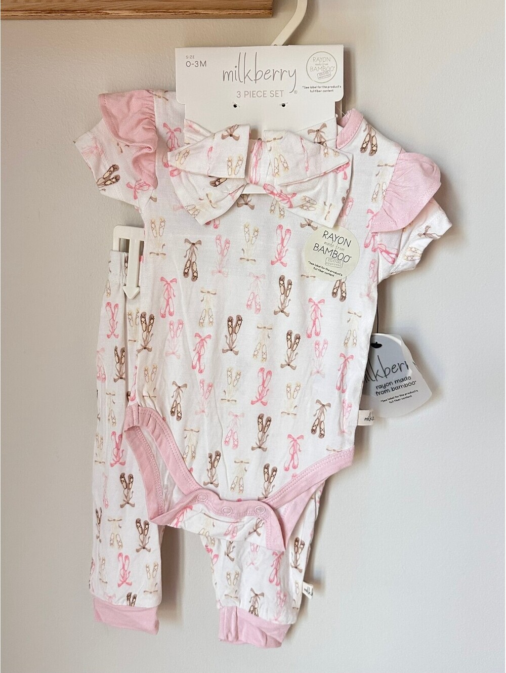 Milkberry Ballet Themed Bamboo Onesie, Pant, and Headband Set - Sz 0/3m